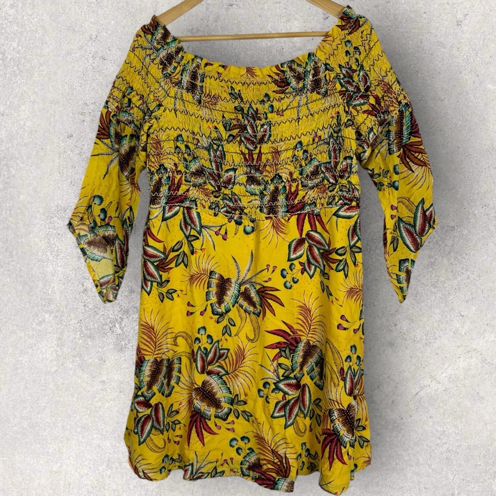 Anthropologie Farm Rio Yellow Floral Smocked Mini Dress Size Large Petite Boho L - Picture 11 of 16